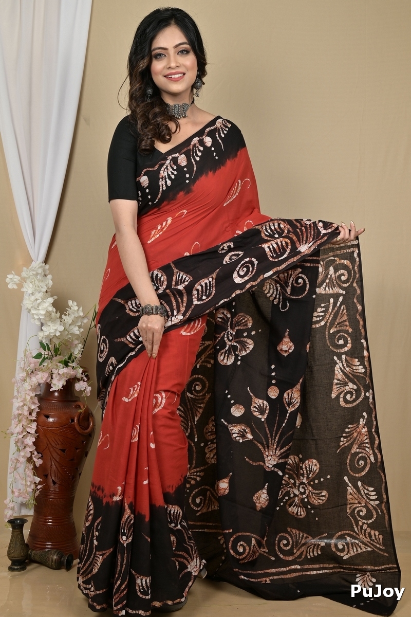 Brown Black Pure Cotton Pihu Batik Print Saree (2141)