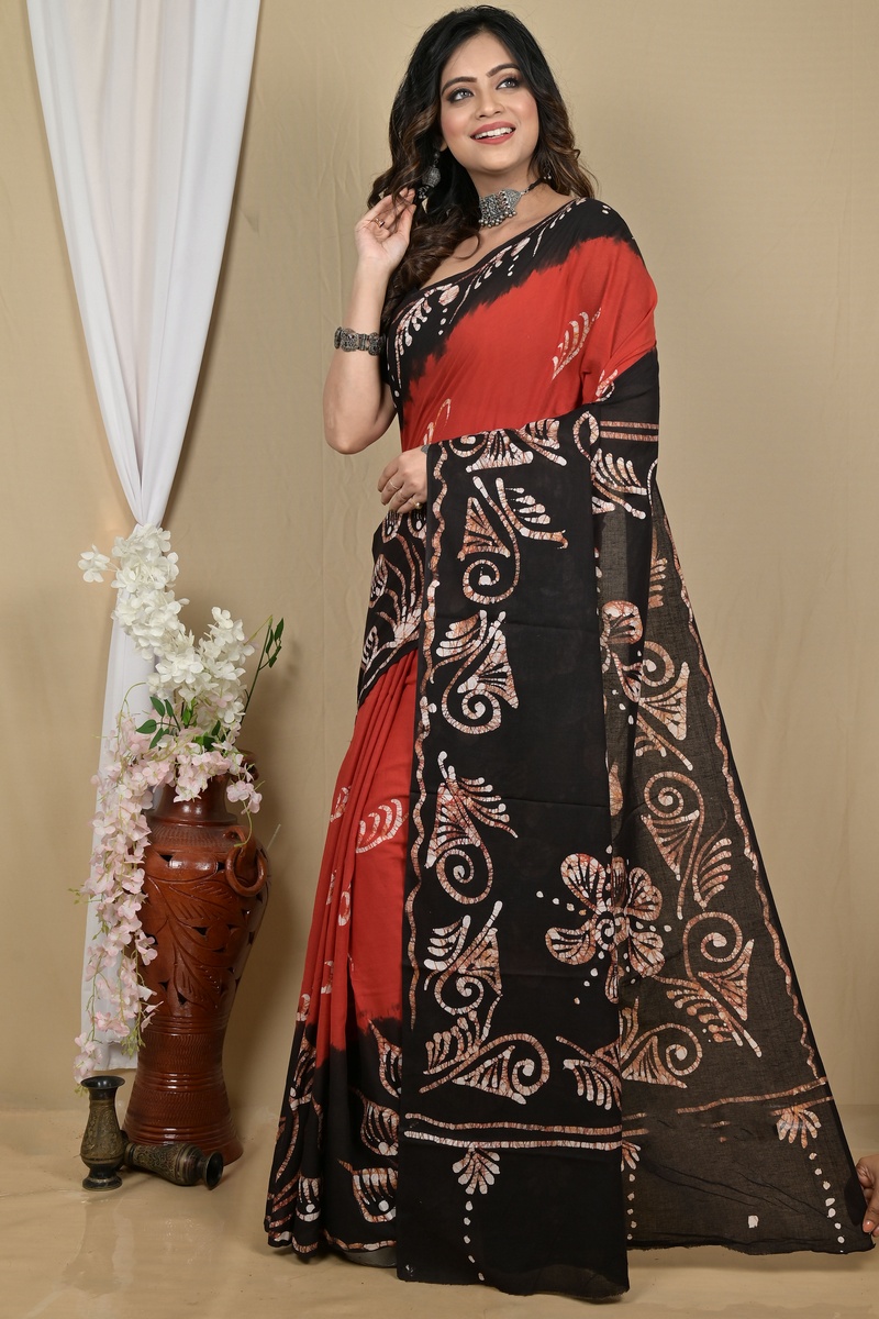 Brown Black Pure Cotton Pihu Batik Print Saree (2141)