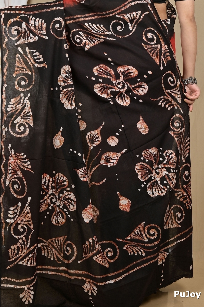 Brown Black Pure Cotton Pihu Batik Print Saree (2141)