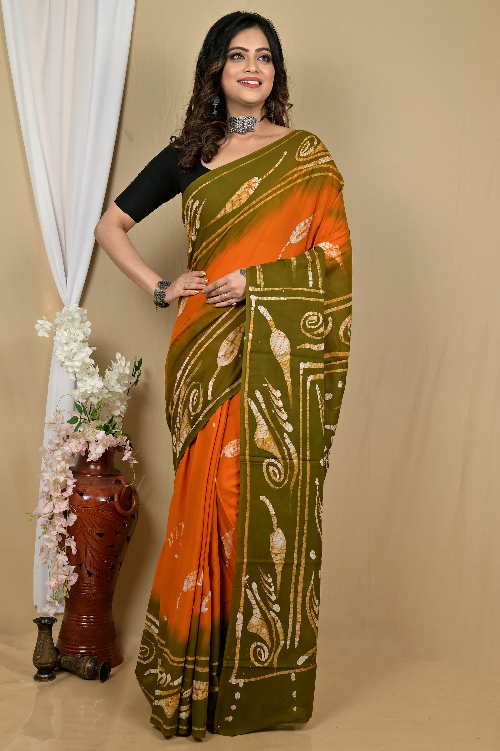 Orange Green Pure Cotton Pihu Batik Print Saree (2143)