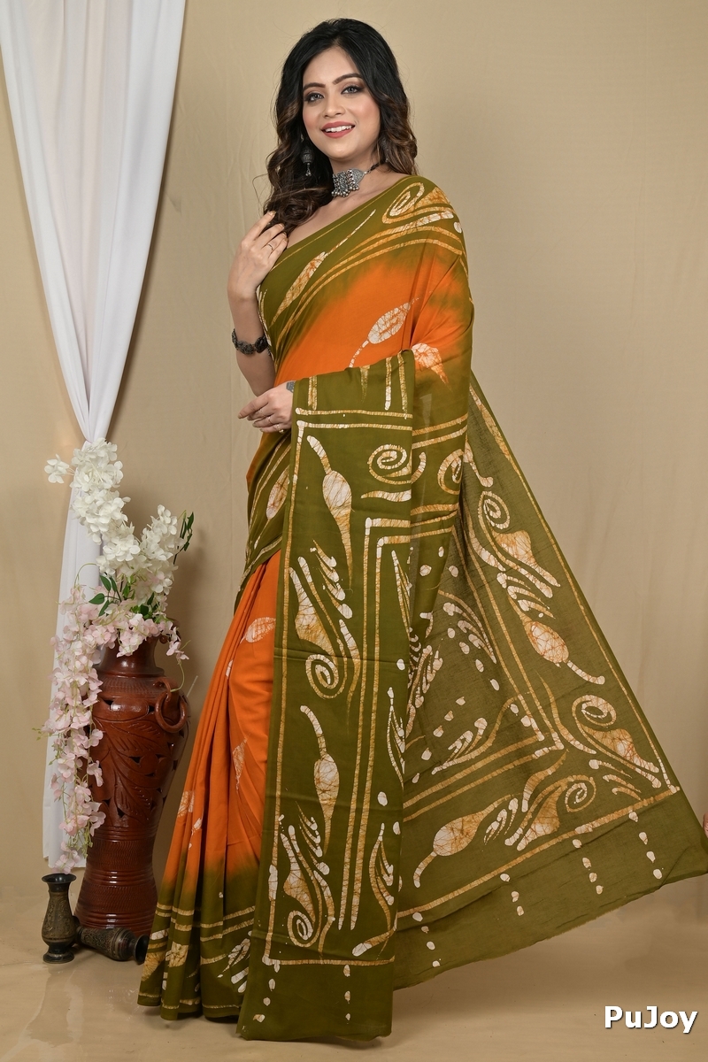 Orange Green Pure Cotton Pihu Batik Print Saree (2143)