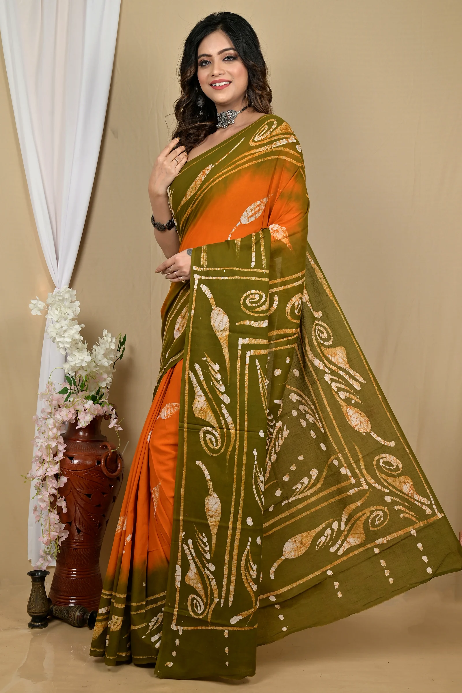 Orange Green Pure Cotton Pihu Batik Print Saree (2143)
