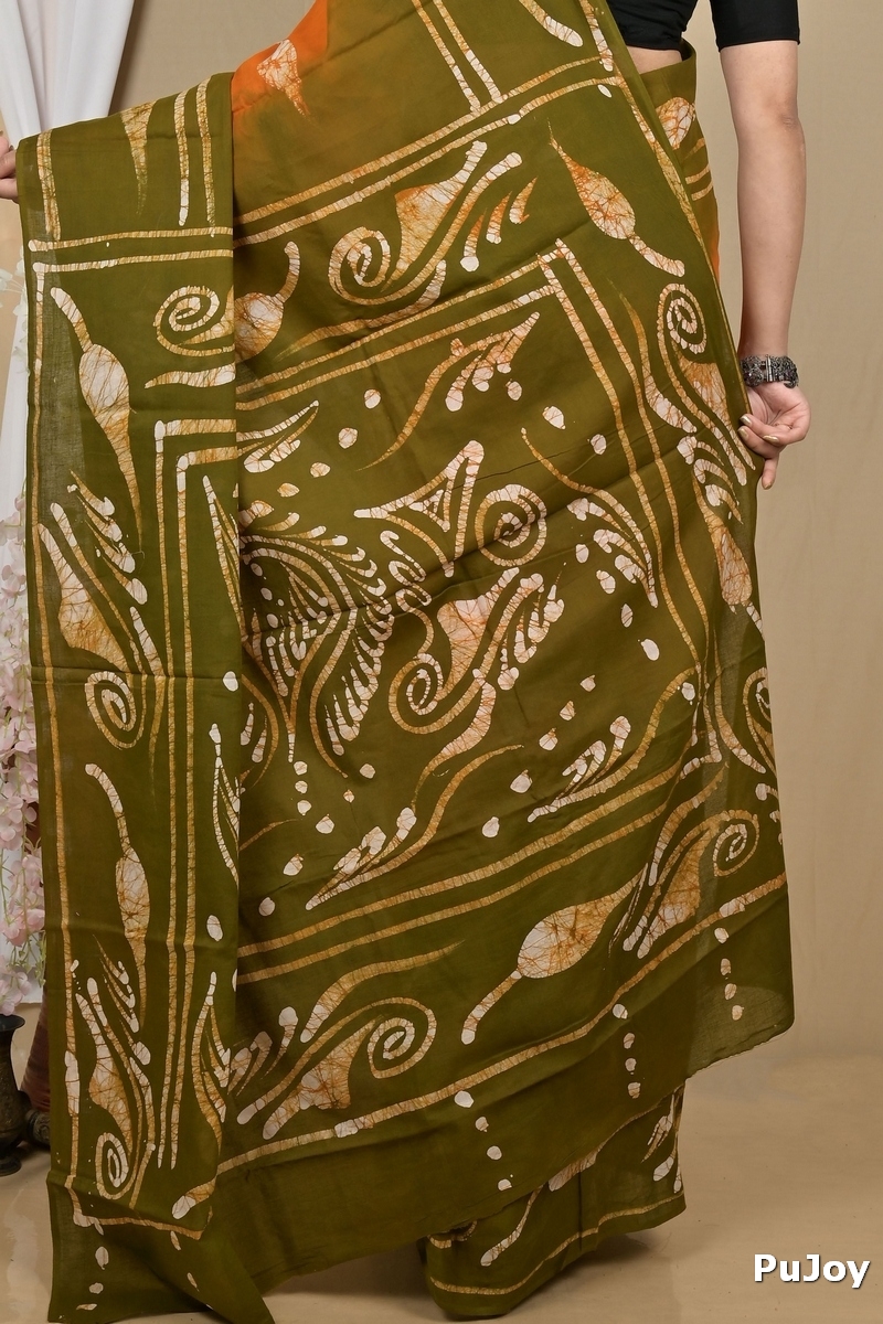 Orange Green Pure Cotton Pihu Batik Print Saree (2143)