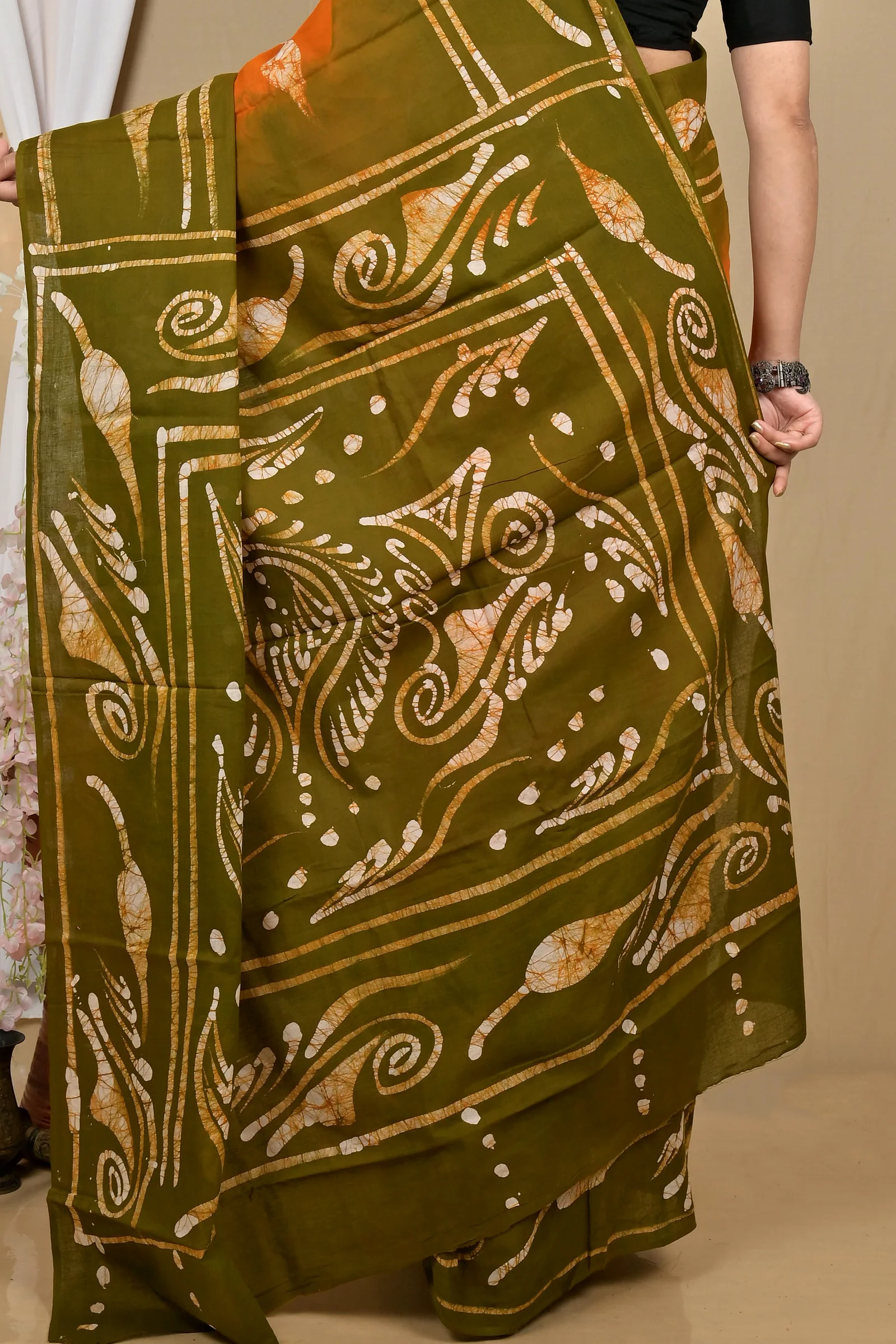 Orange Green Pure Cotton Pihu Batik Print Saree (2143)