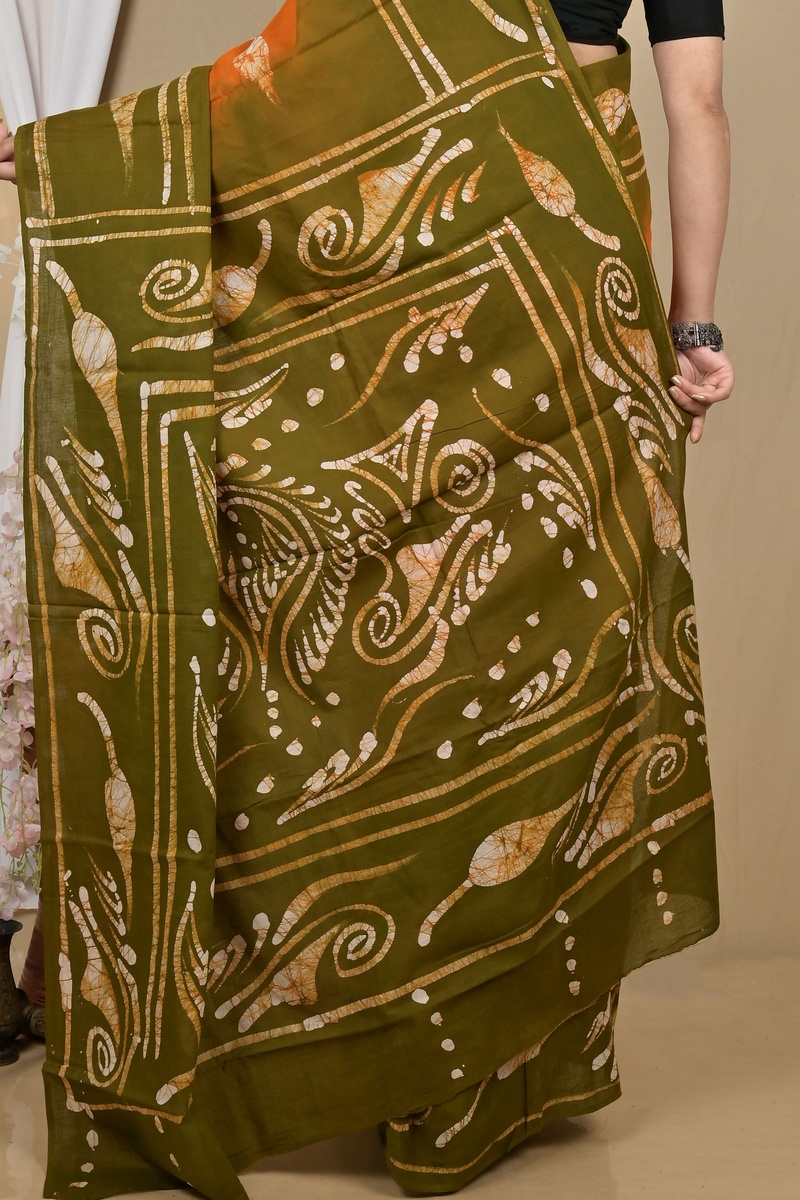 Orange Green Pure Cotton Pihu Batik Print Saree (2143)