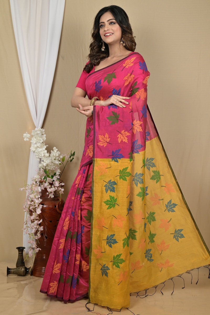 Rani Yellow Blended Cotton Pisha Hand Loom Saree (2144)