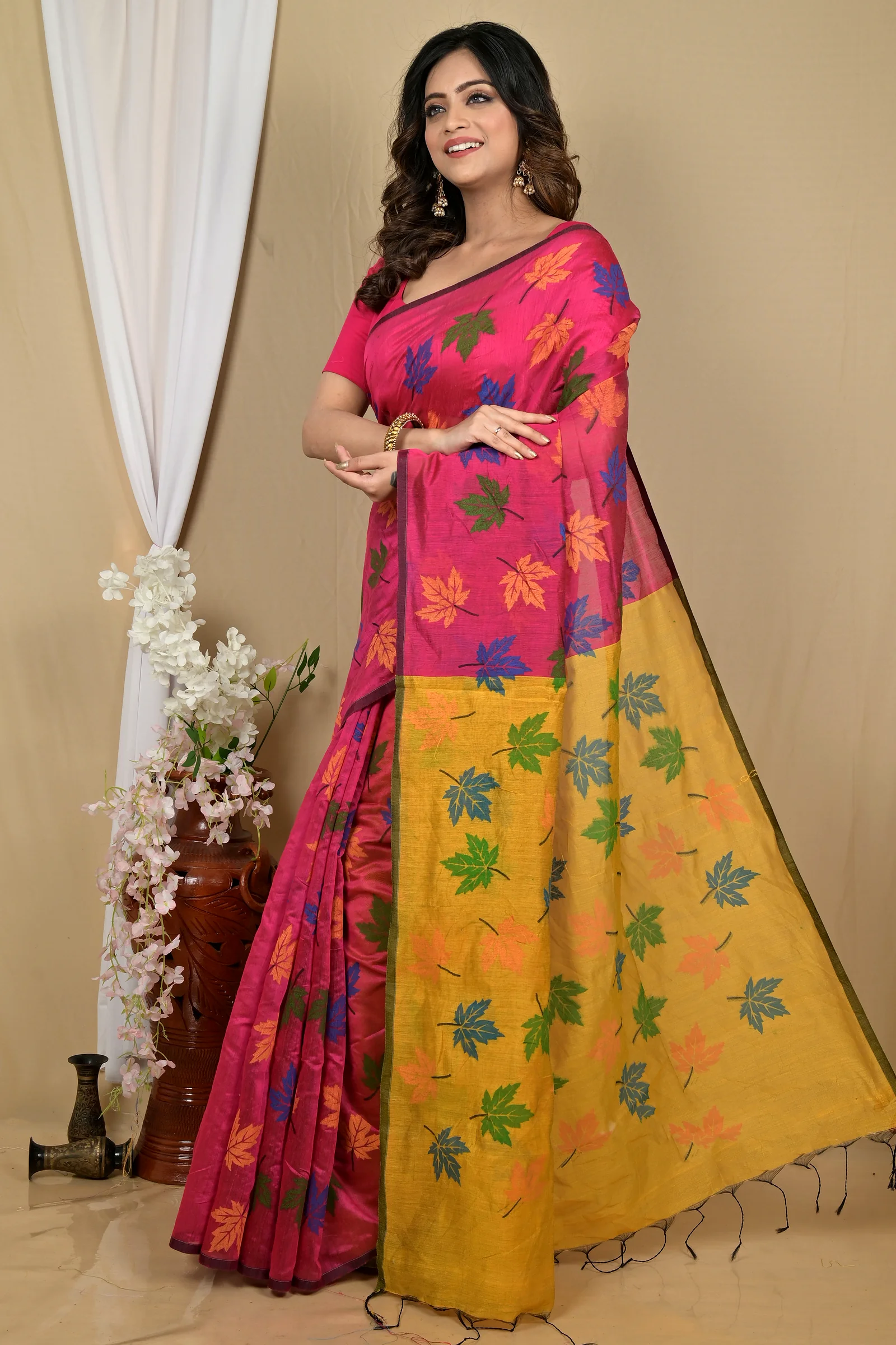 Rani Yellow Blended Cotton Pisha Hand Loom Saree (2144)