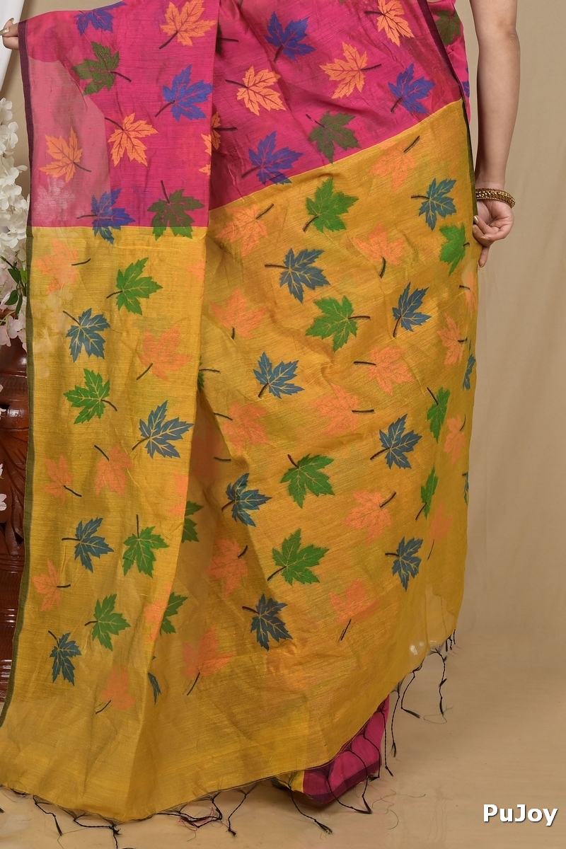 Rani Yellow Blended Cotton Pisha Hand Loom Saree (2144)
