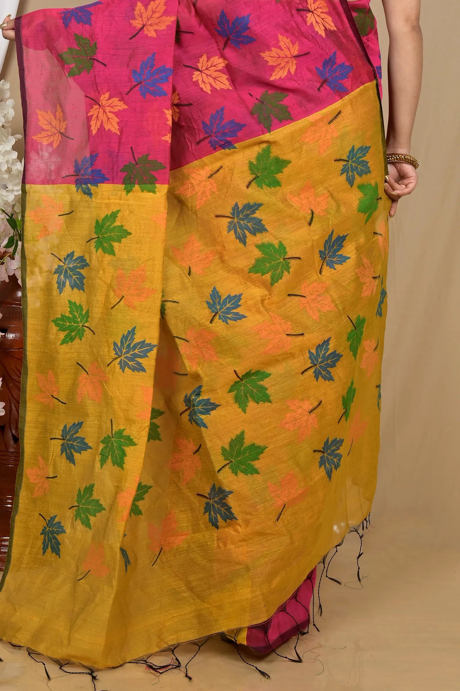 Rani Yellow Blended Cotton Pisha Hand Loom Saree (2144)