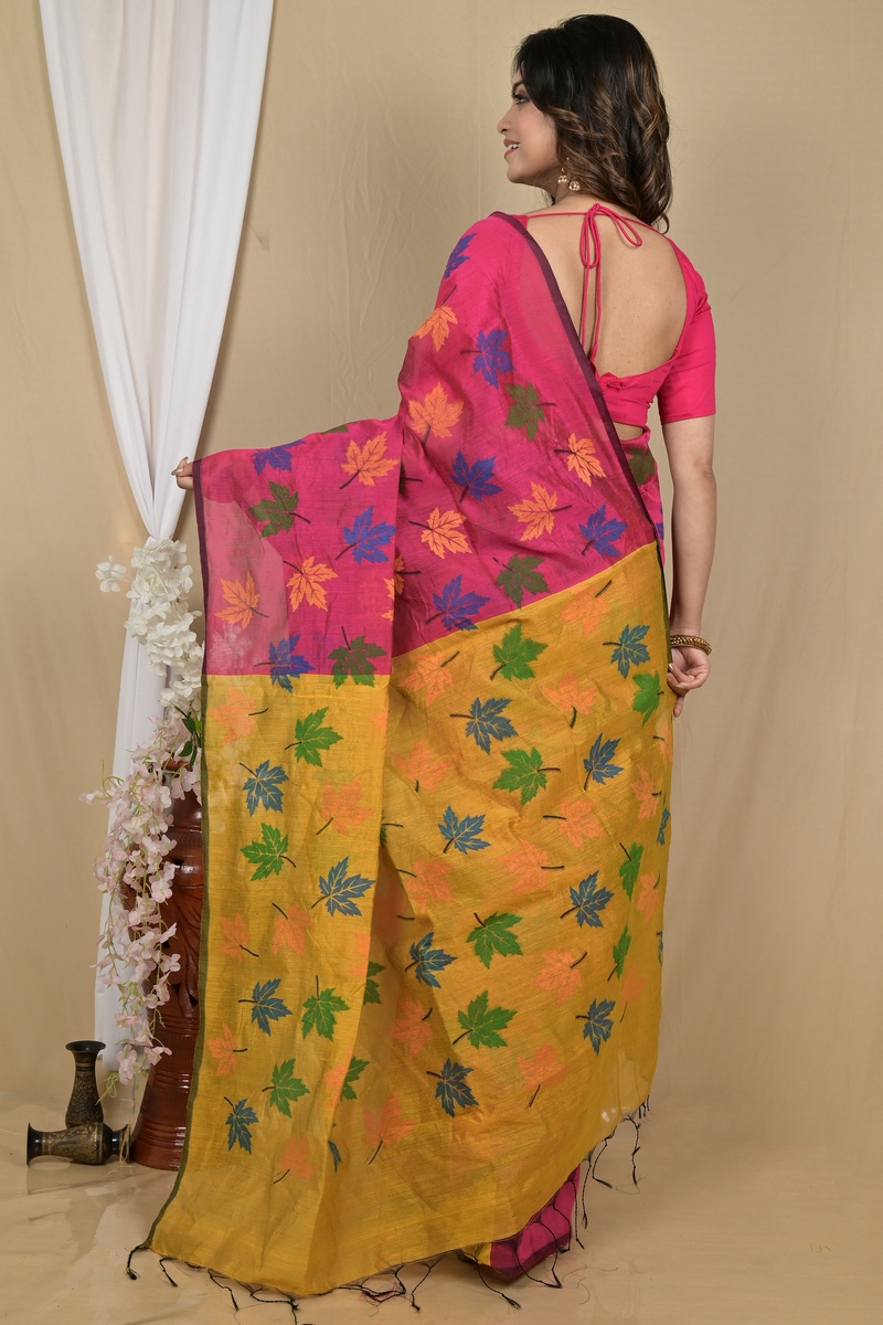 Rani Yellow Blended Cotton Pisha Hand Loom Saree (2144)