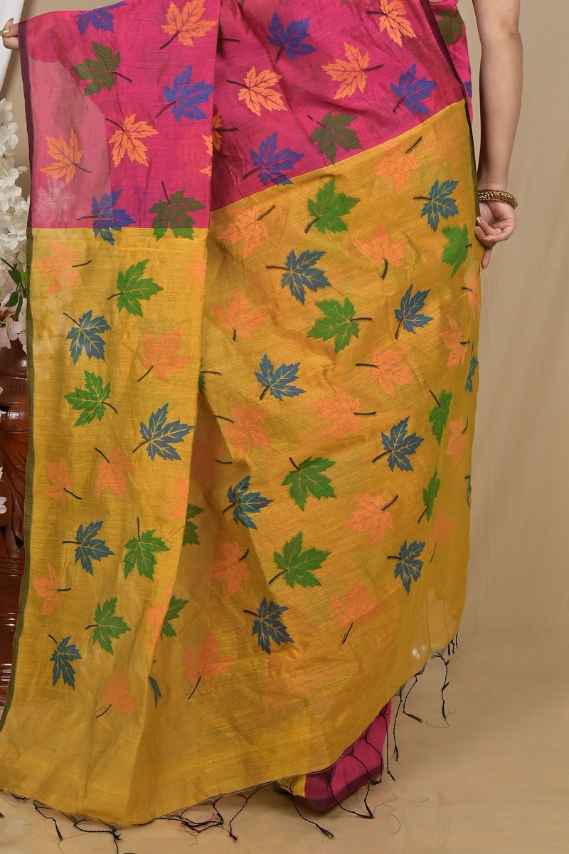 Rani Yellow Blended Cotton Pisha Hand Loom Saree (2144)