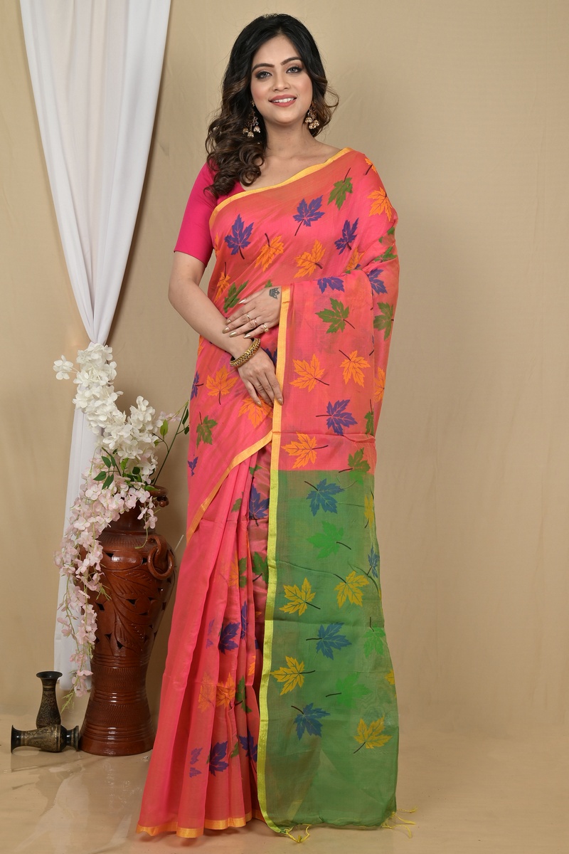 Peach Green Blended Cotton Pisha Hand Loom Saree (2145)