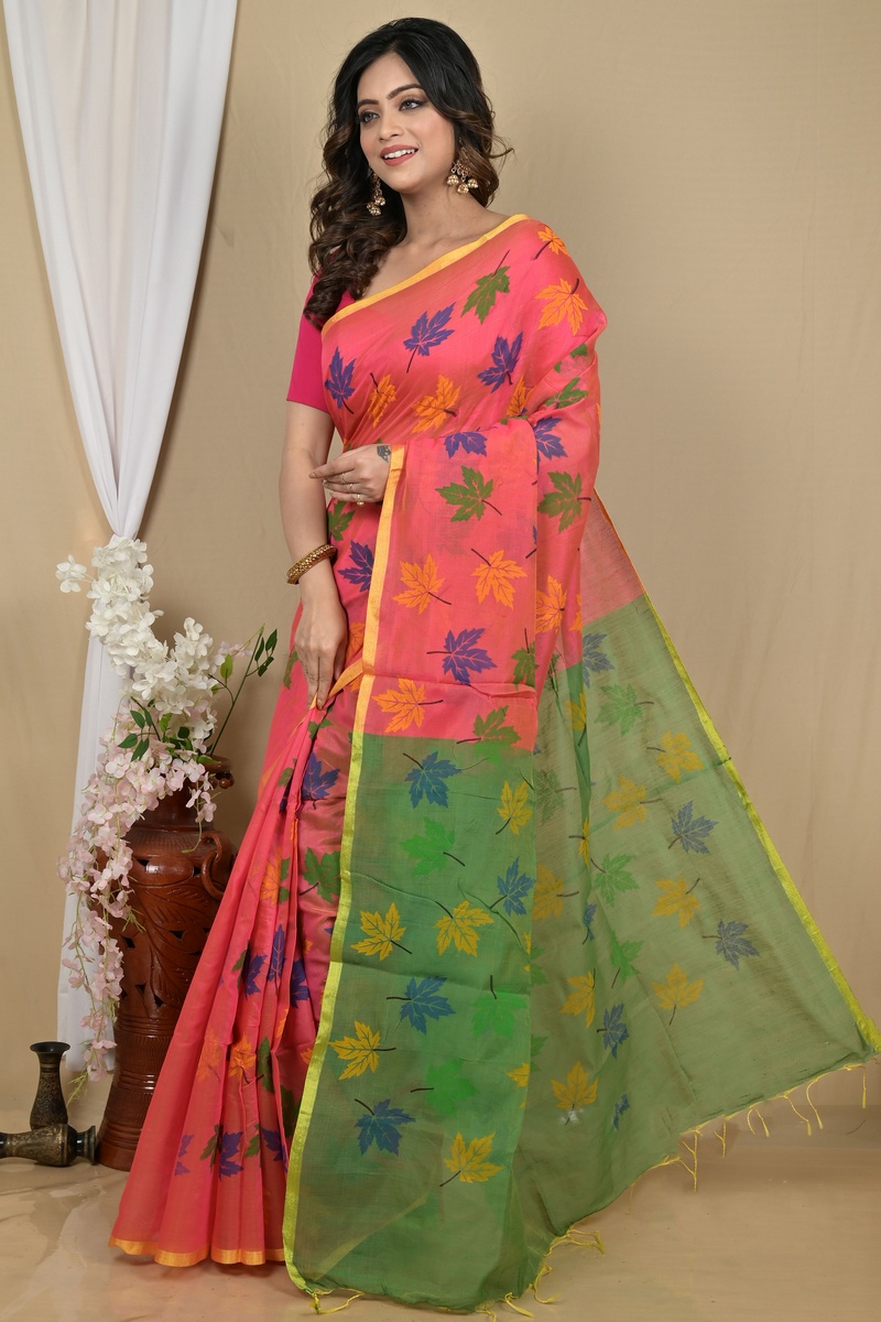 Peach Green Blended Cotton Pisha Hand Loom Saree (2145)