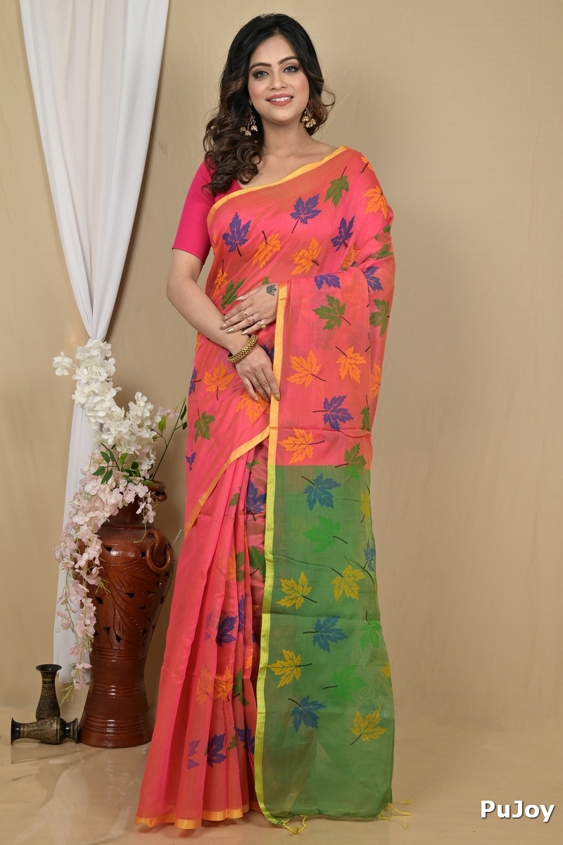 Peach Green Blended Cotton Pisha Hand Loom Saree (2145)