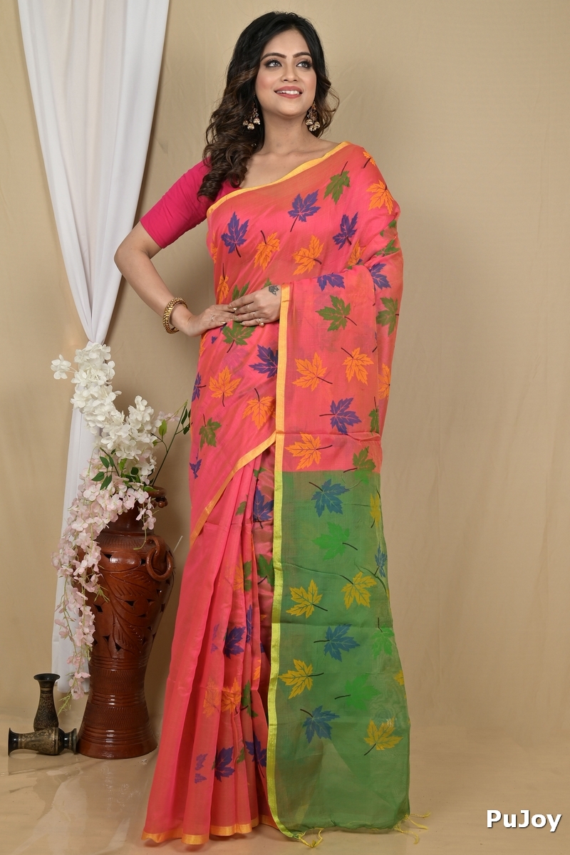 Peach Green Blended Cotton Pisha Hand Loom Saree (2145)