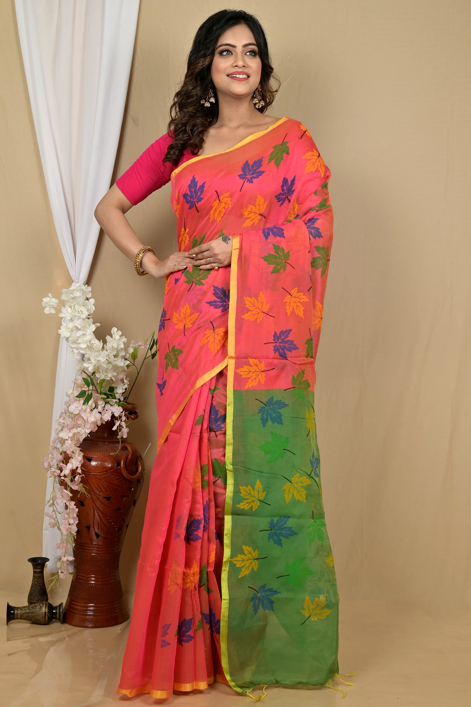 Peach Green Blended Cotton Pisha Hand Loom Saree (2145)