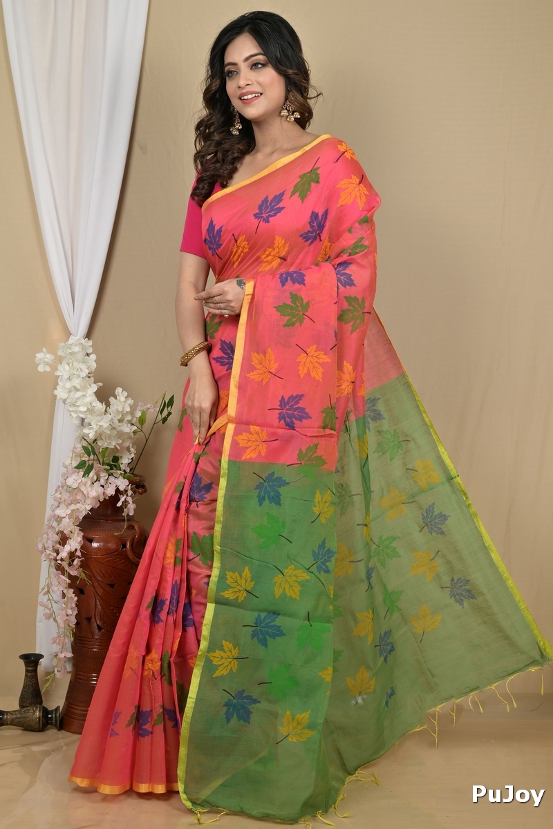 Peach Green Blended Cotton Pisha Hand Loom Saree (2145)