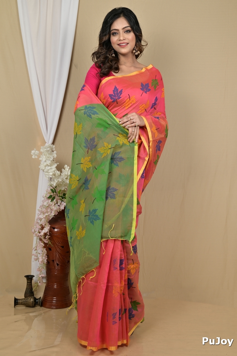 Peach Green Blended Cotton Pisha Hand Loom Saree (2145)