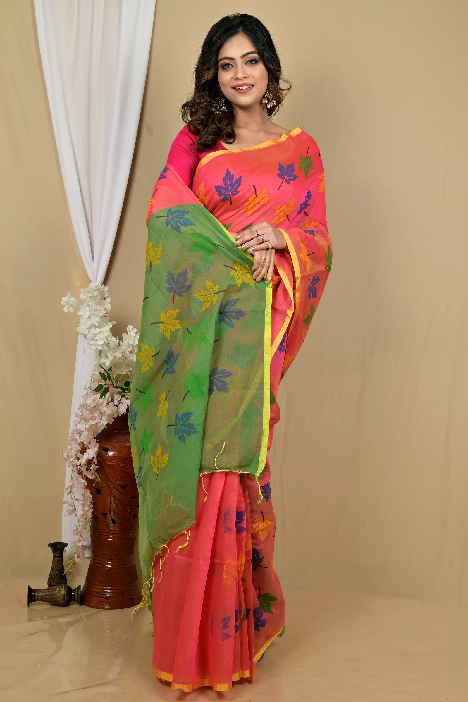 Peach Green Blended Cotton Pisha Hand Loom Saree (2145)