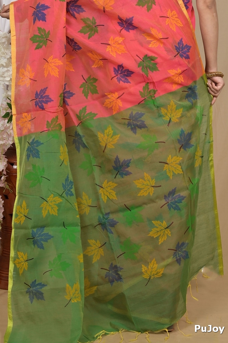 Peach Green Blended Cotton Pisha Hand Loom Saree (2145)
