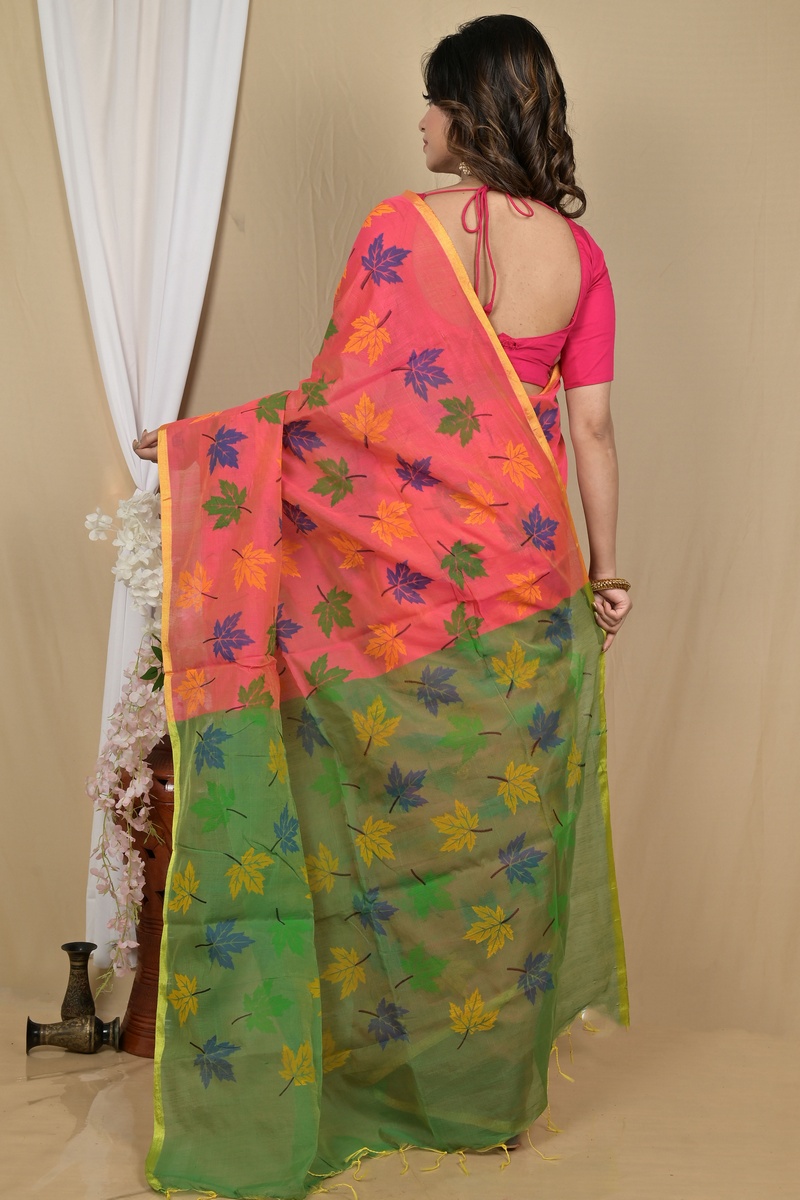 Peach Green Blended Cotton Pisha Hand Loom Saree (2145)