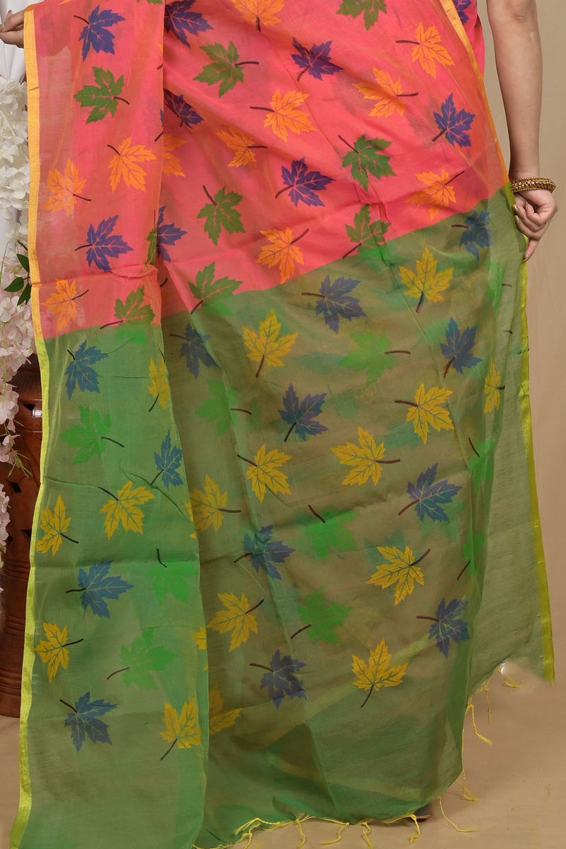 Peach Green Blended Cotton Pisha Hand Loom Saree (2145)