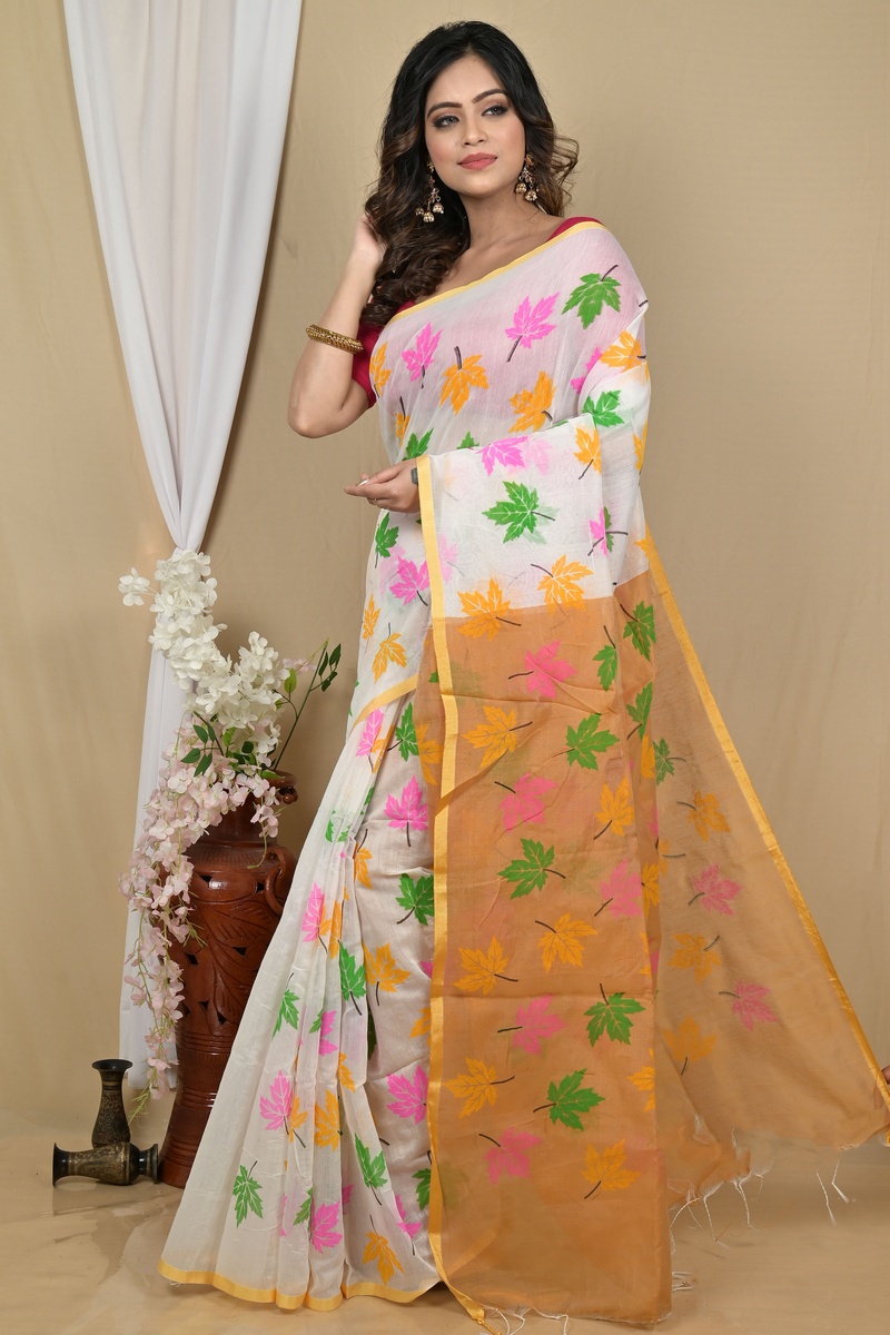 White Orange Blended Cotton Pisha Hand Loom Saree (2146)