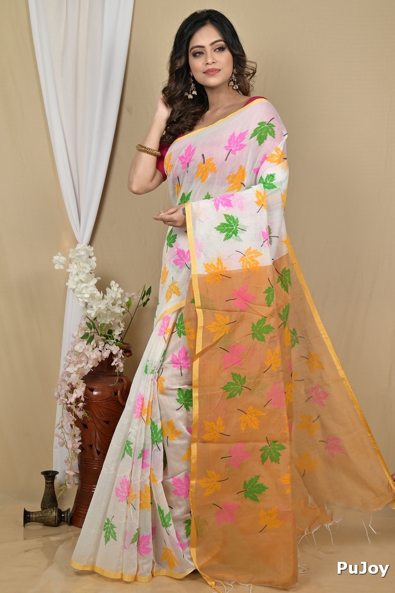 White Orange Blended Cotton Pisha Hand Loom Saree (2146)