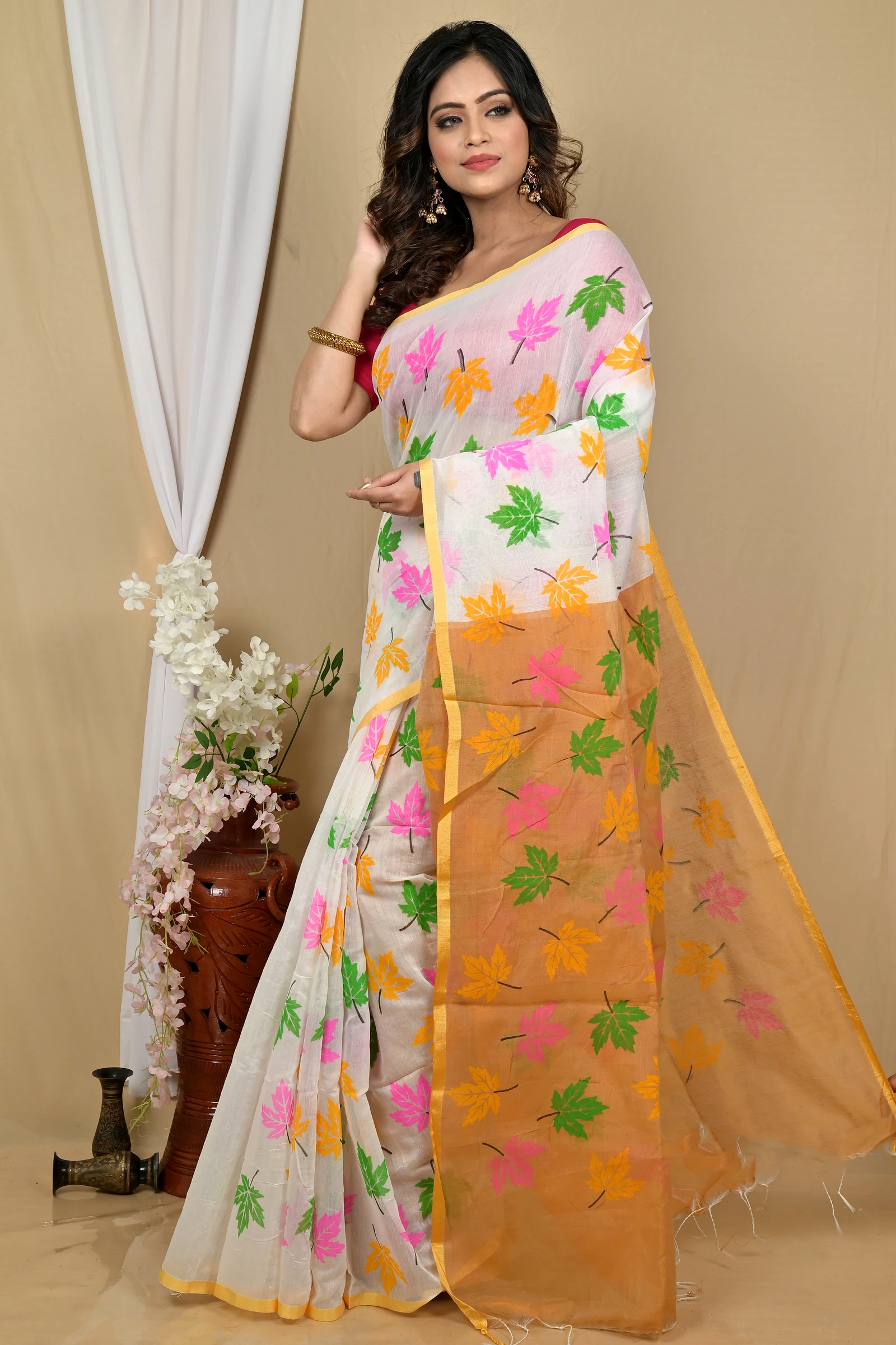 White Orange Blended Cotton Pisha Hand Loom Saree (2146)