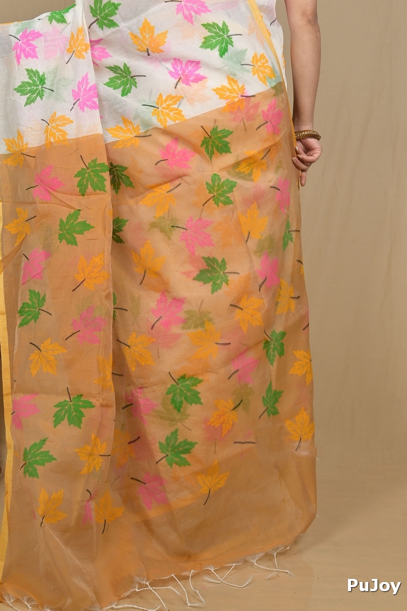 White Orange Blended Cotton Pisha Hand Loom Saree (2146)