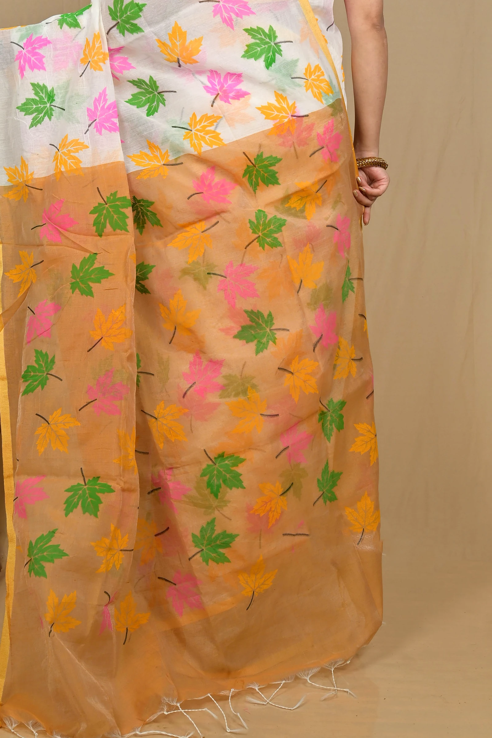 White Orange Blended Cotton Pisha Hand Loom Saree (2146)
