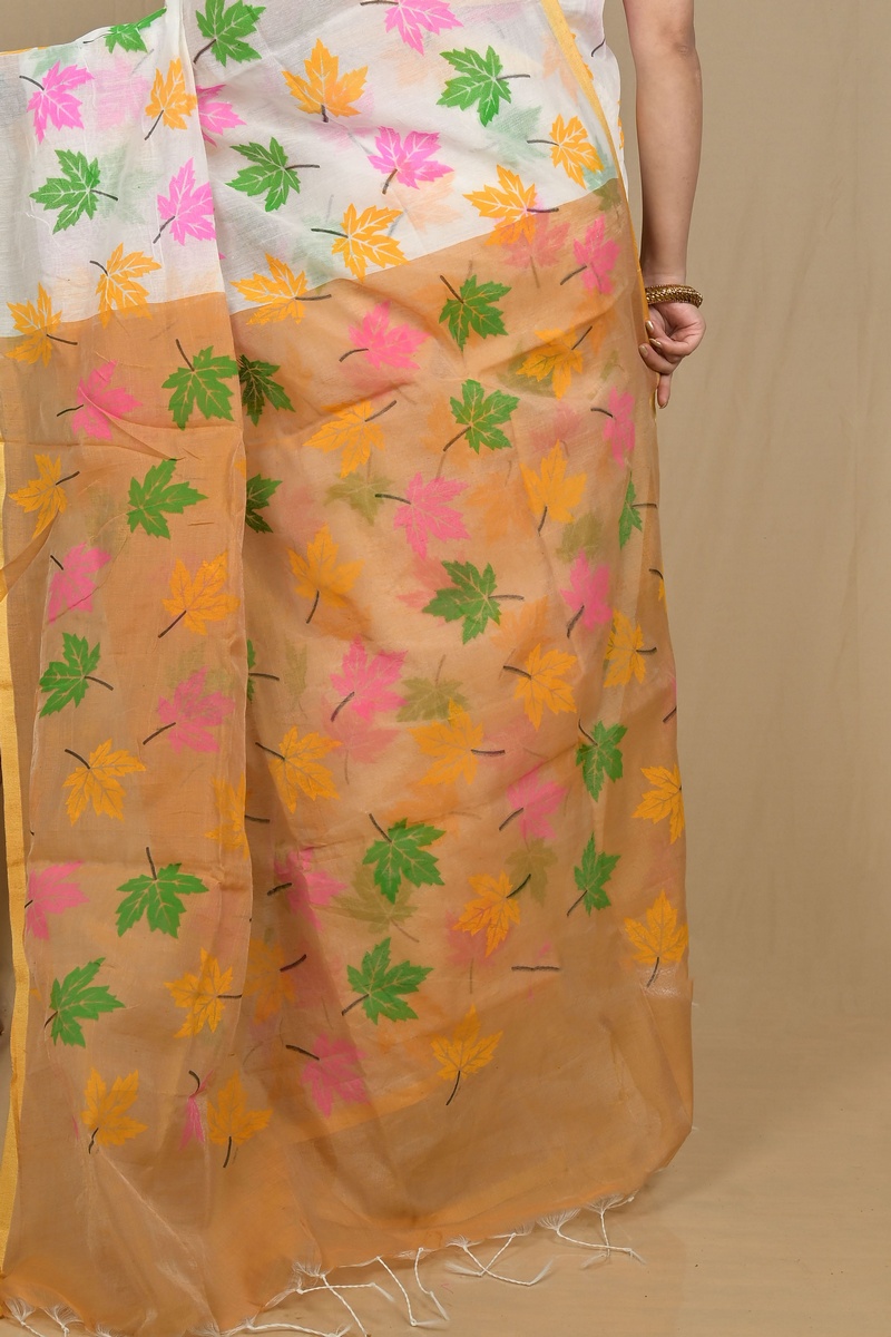 White Orange Blended Cotton Pisha Hand Loom Saree (2146)