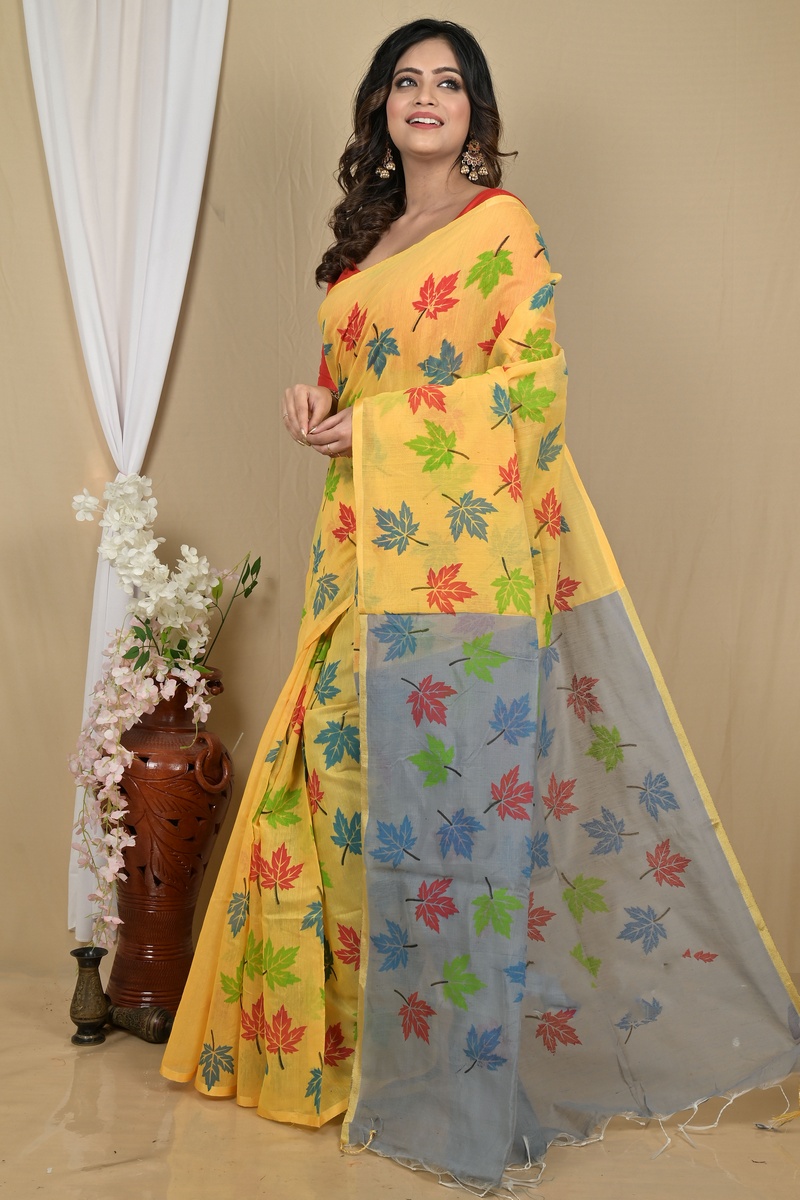 Yellow Grey Blended Cotton Pisha Hand Loom Saree (2147)