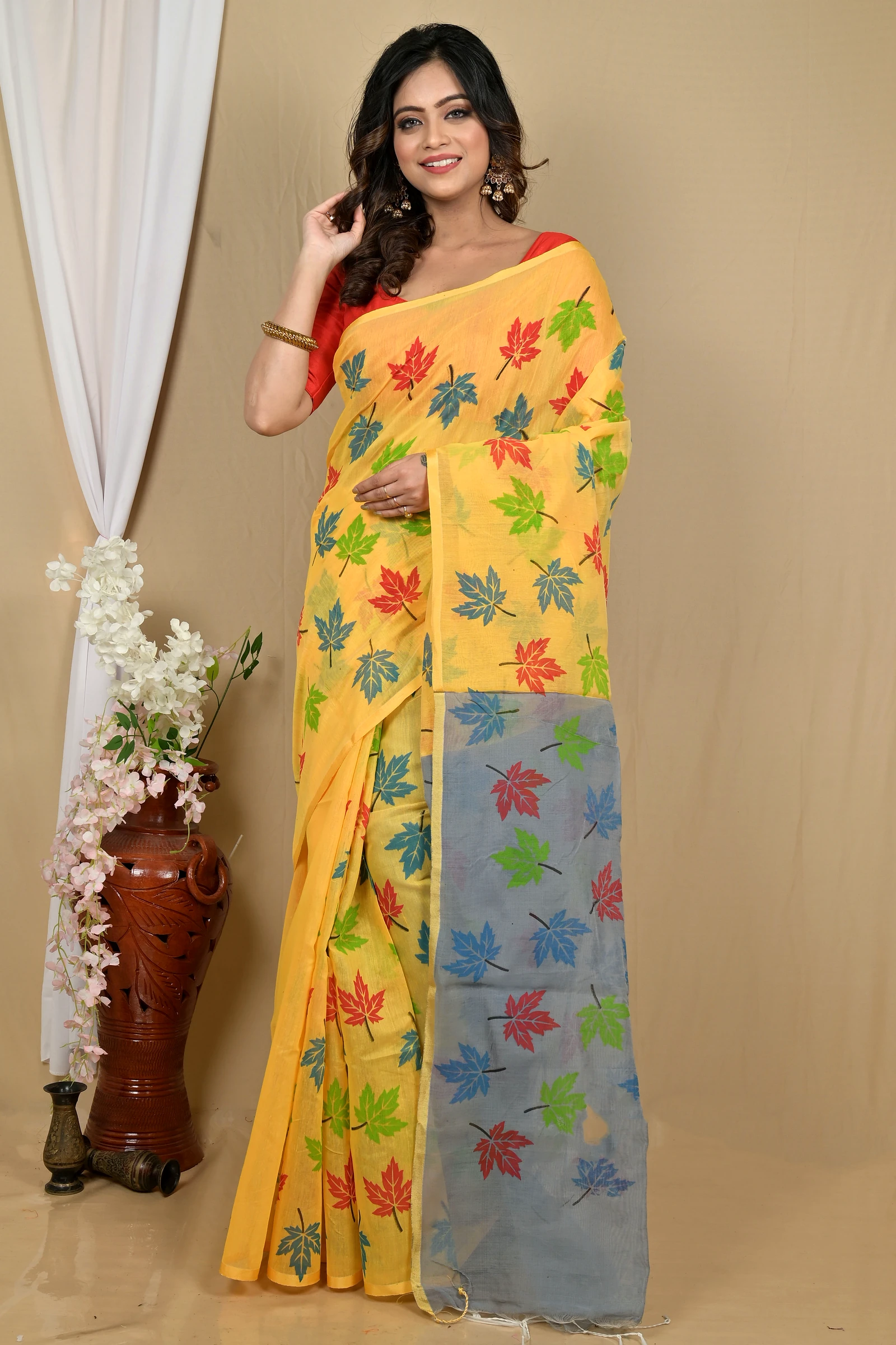 Yellow Grey Blended Cotton Pisha Hand Loom Saree (2147)