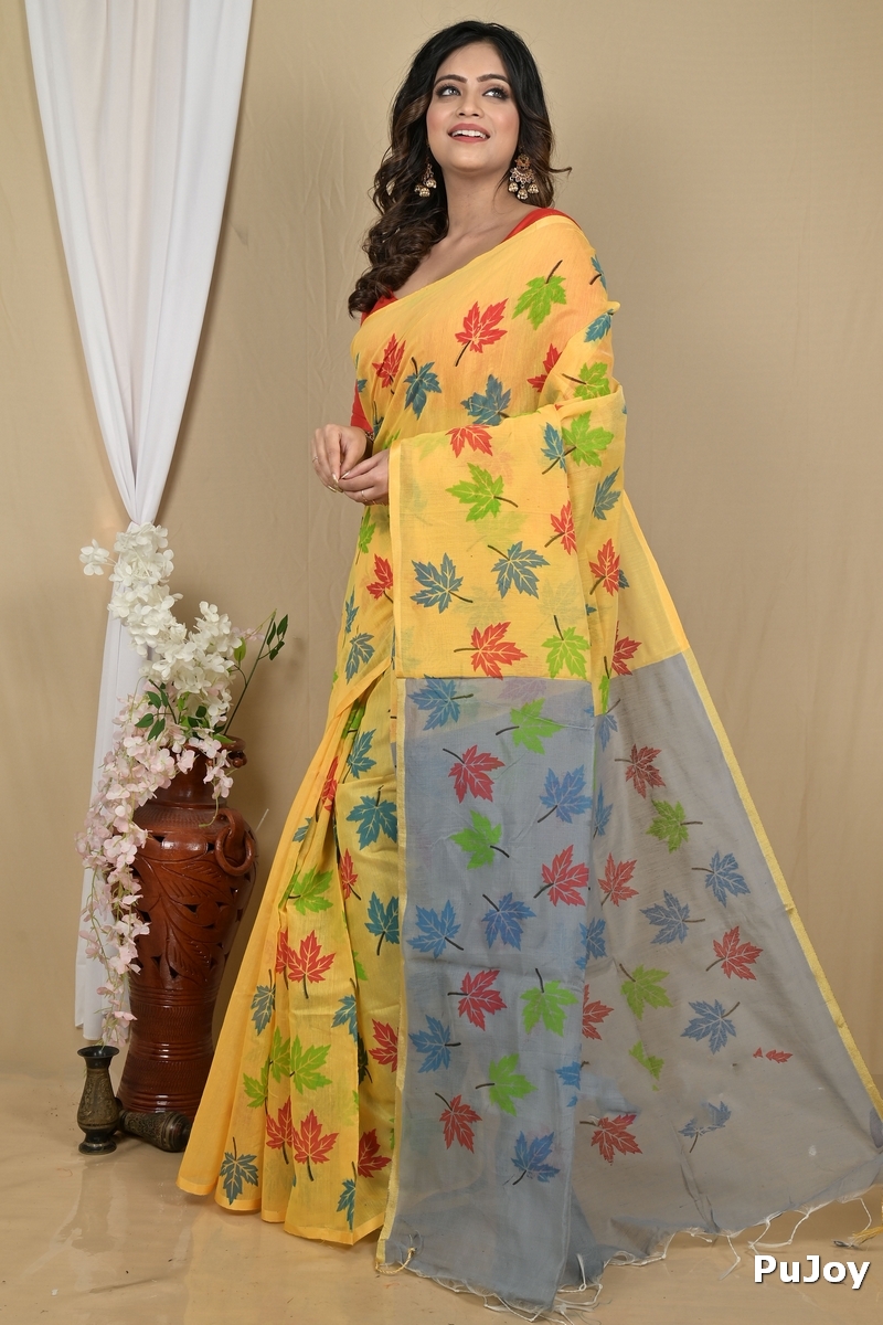 Yellow Grey Blended Cotton Pisha Hand Loom Saree (2147)