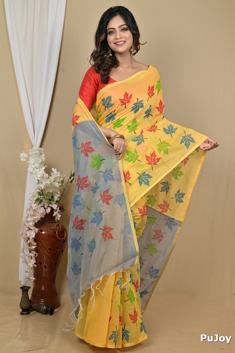 Yellow Grey Blended Cotton Pisha Hand Loom Saree (2147)