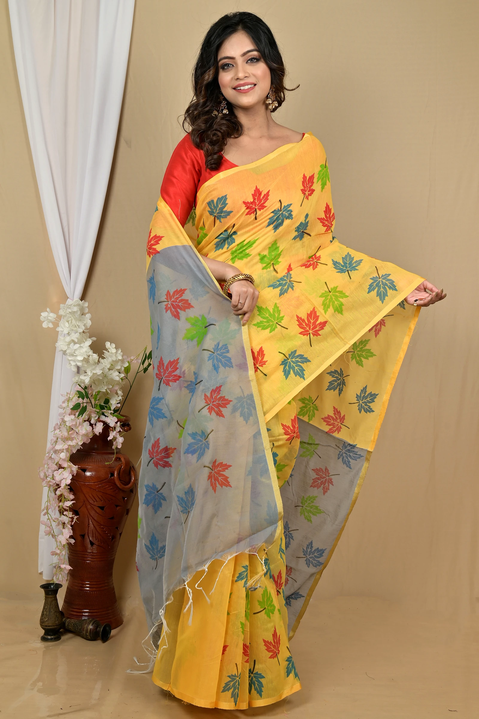 Yellow Grey Blended Cotton Pisha Hand Loom Saree (2147)