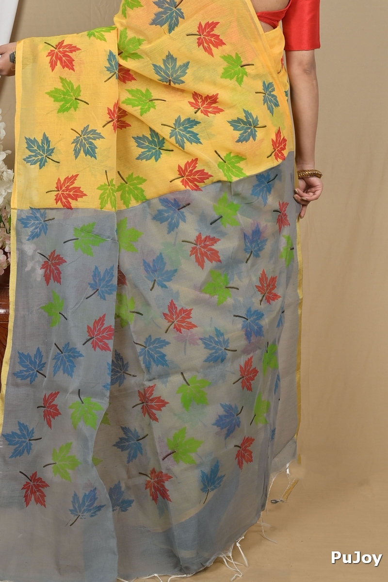 Yellow Grey Blended Cotton Pisha Hand Loom Saree (2147)