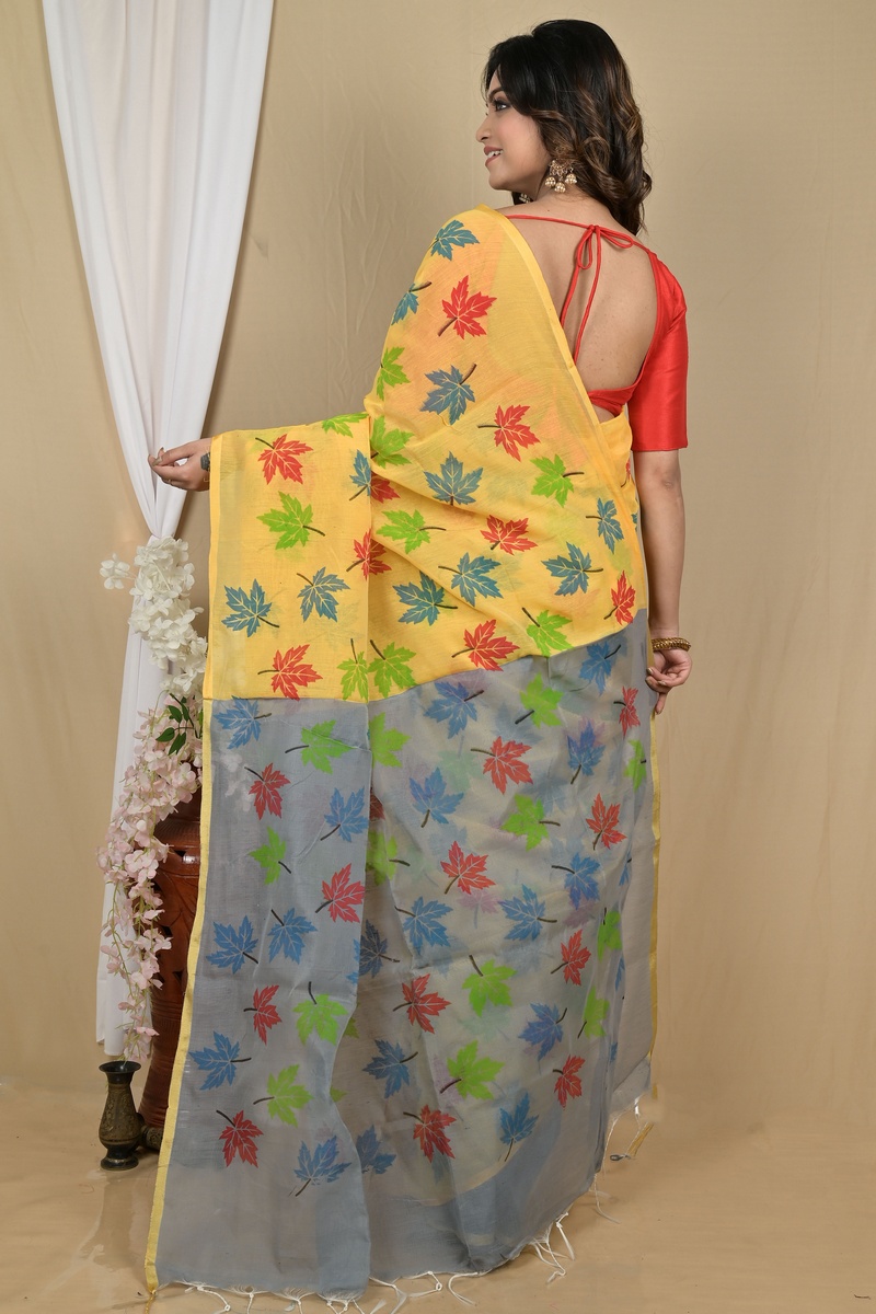 Yellow Grey Blended Cotton Pisha Hand Loom Saree (2147)