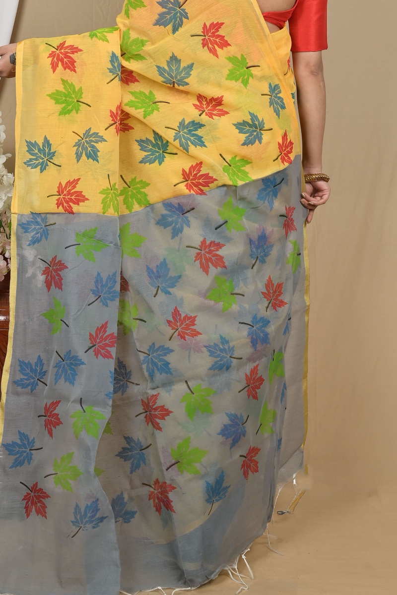 Yellow Grey Blended Cotton Pisha Hand Loom Saree (2147)