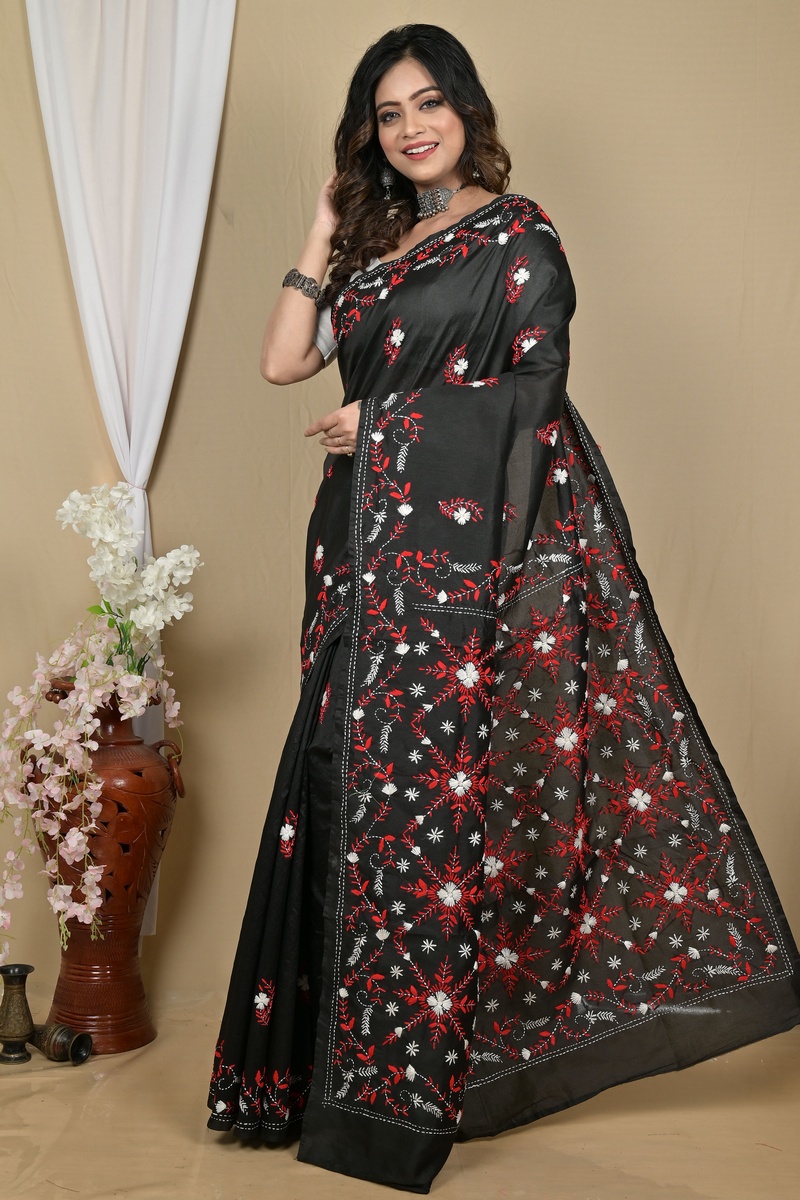 Black Cotton Piaja Kantha Stitch Saree (2148)