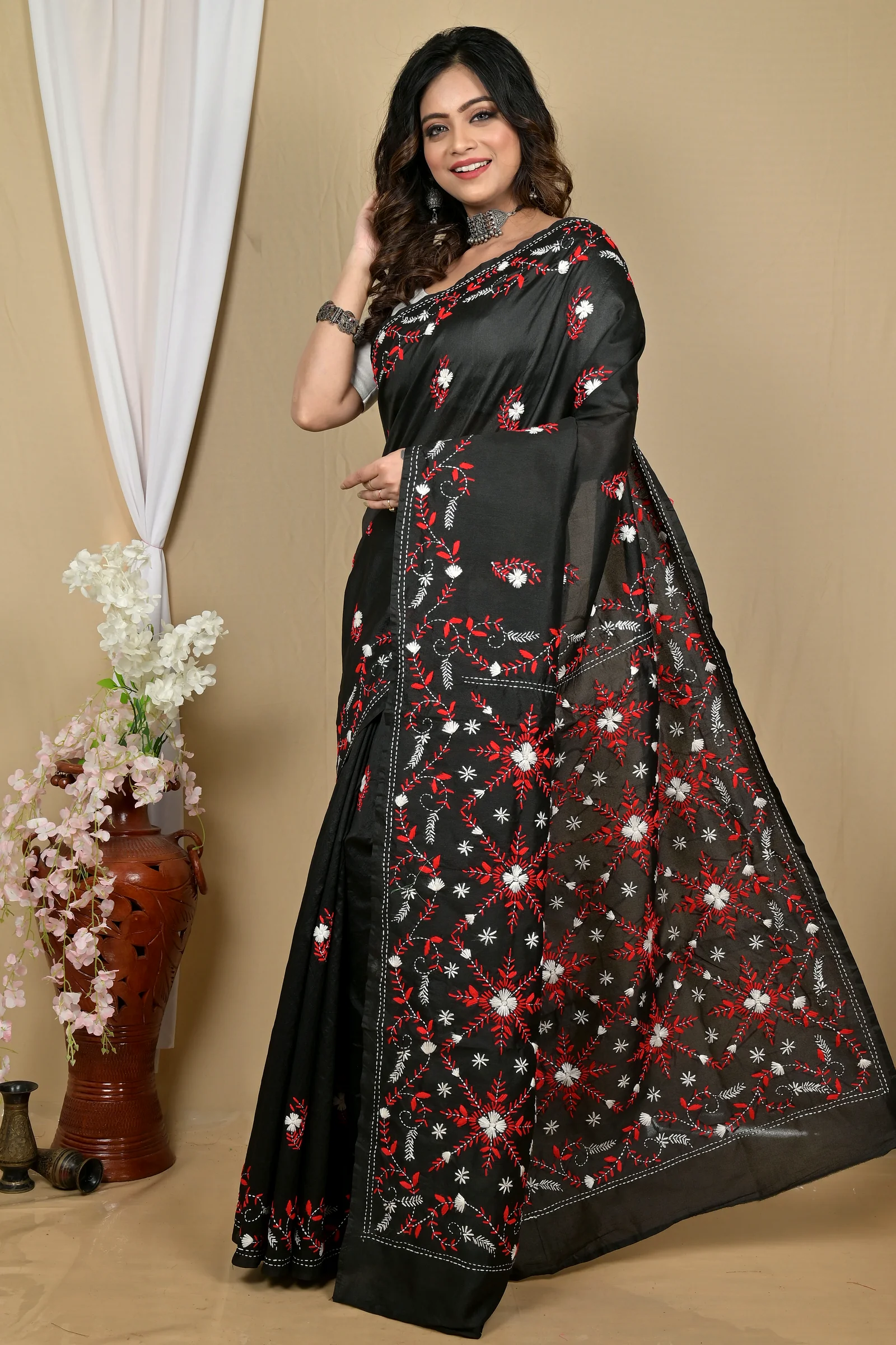 Black Cotton Piaja Kantha Stitch Saree (2148)