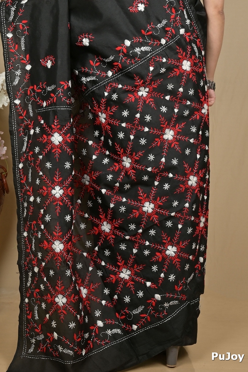 Black Cotton Piaja Kantha Stitch Saree (2148)