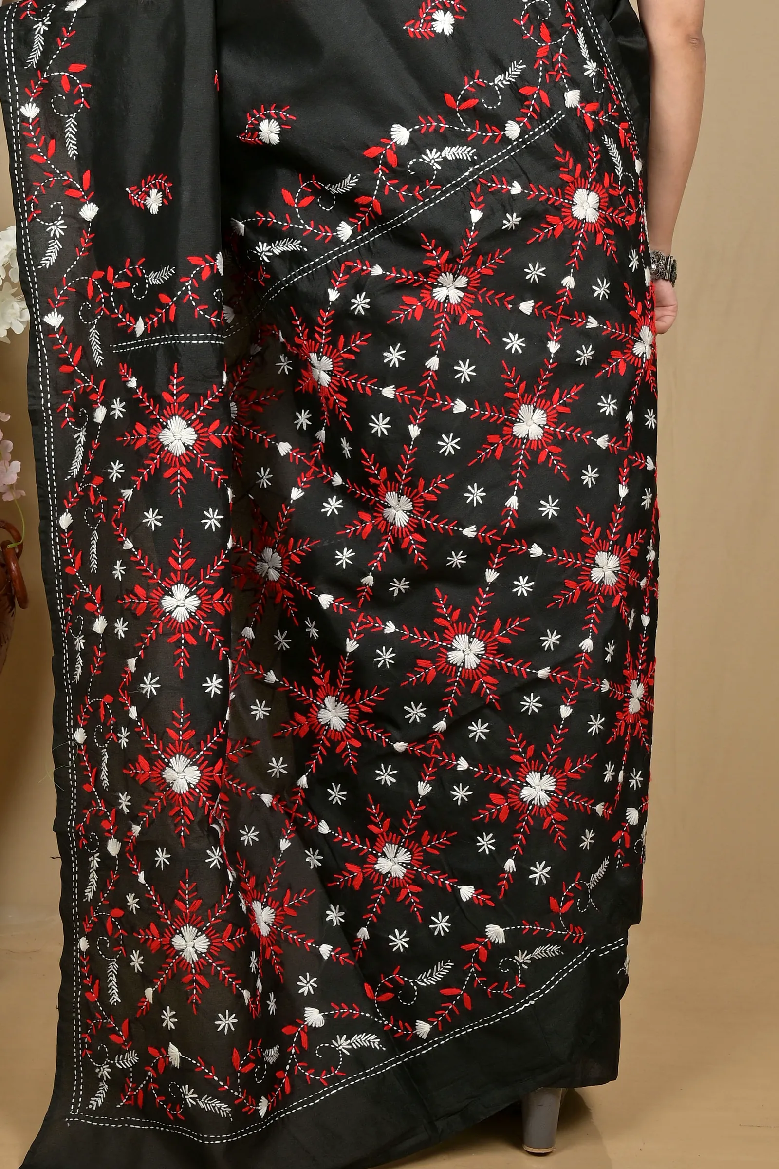 Black Cotton Piaja Kantha Stitch Saree (2148)