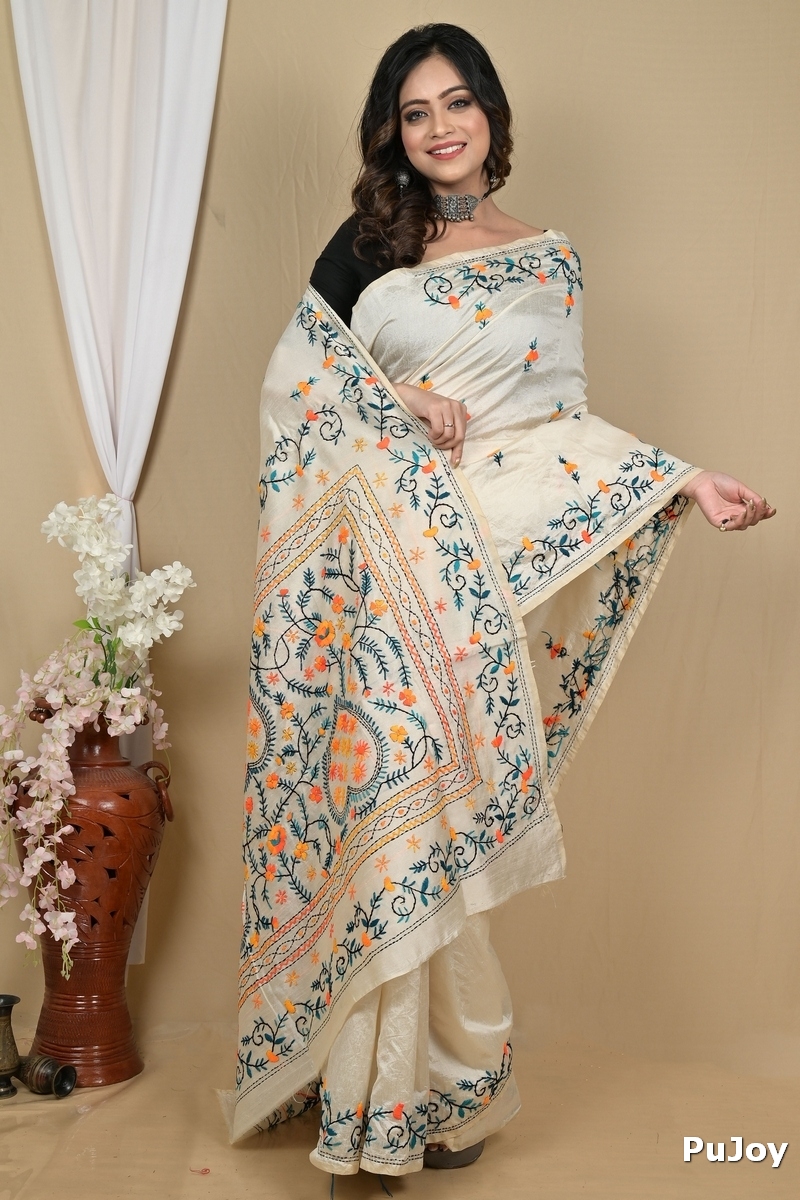Off-White Cotton Piaja Kantha Stitch Saree (2149)