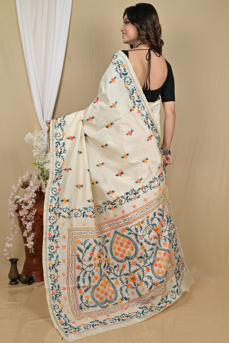 Off-White Cotton Piaja Kantha Stitch Saree (2149)