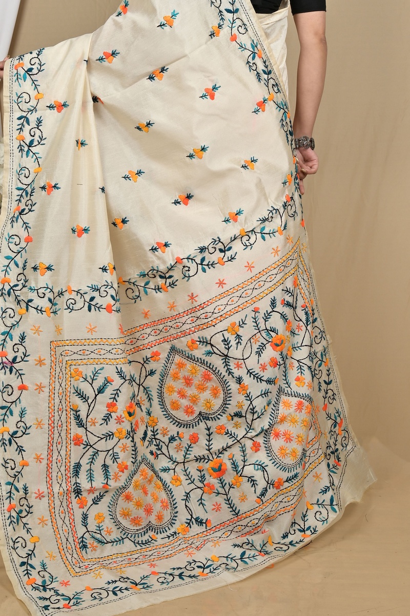 Off-White Cotton Piaja Kantha Stitch Saree (2149)