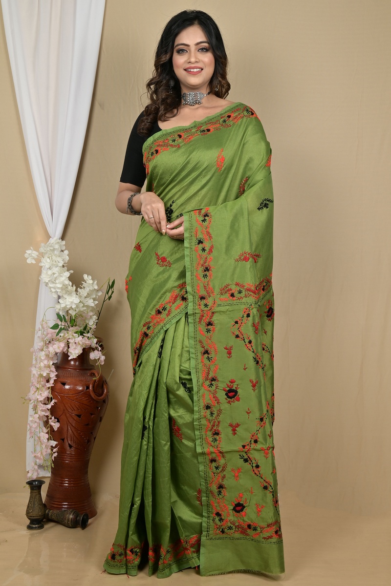 Dark Green Cotton Piaja Kantha Stitch Saree (2150)