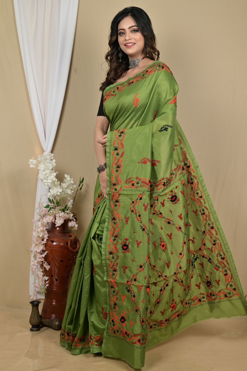 Dark Green Cotton Piaja Kantha Stitch Saree (2150)