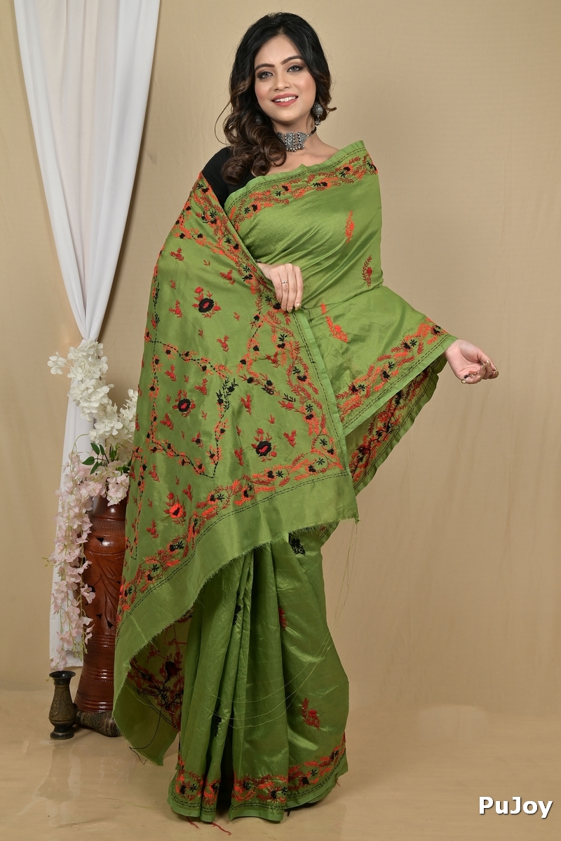 Dark Green Cotton Piaja Kantha Stitch Saree (2150)